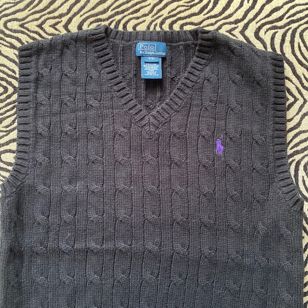 Polo Ralph Lauren Black Cable Sweater Vest S 8 EUC Worn once purple logo